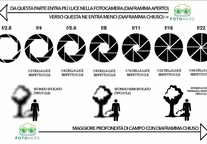 Illustrazione sull'esposizione fotografica: diaframmi aperti (più luce, sfondo sfocato) e chiusi (meno luce, maggiore profondità di campo).
