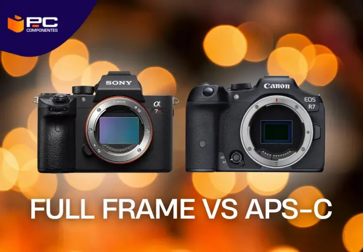 Confronto tra fotocamere Sony full frame e Canon APS-C, con sensori a vista e sfondo bokeh.