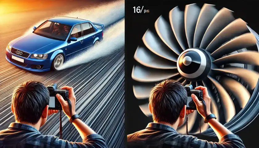 Fotografo cattura una blu Audi in derapata e un motore a reazione in movimento, mostrando l'effetto rolling shutter.