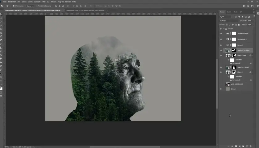 Volto anziano sovrapposto a una foresta di pini, effetto creato con lo strumento contagocce in Photoshop.