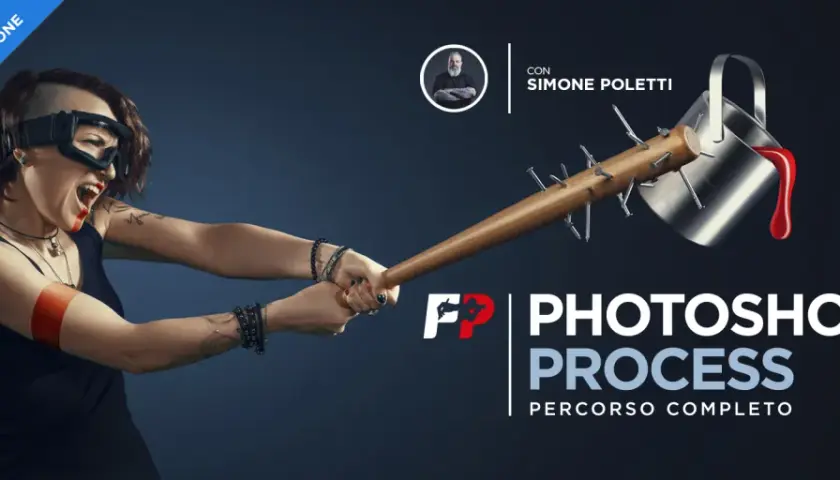 Donna con mazza chiodata e secchio di vernice rossa, pronta a creare con Photoshop. Corso completo di Simone Poletti.