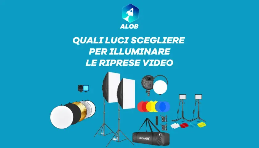 Attrezzatura per illuminazione video: softbox, ring light, pannelli LED, diffusori e filtri colorati. Comprendere la luminanza significato è fondamentale per ogni ripresa.