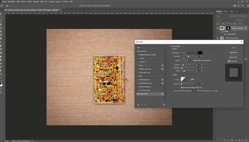 Creare ombra Photoshop su un oggetto con emoji. Il pannello "Ebenenstil" mostra le opzioni per aggiungere uno Schlagschatten.