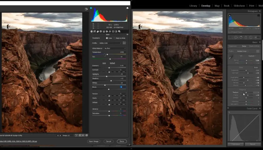 Confronto tra camera raw e Lightroom: editing di un paesaggio con slider per temperatura, esposizione e texture.