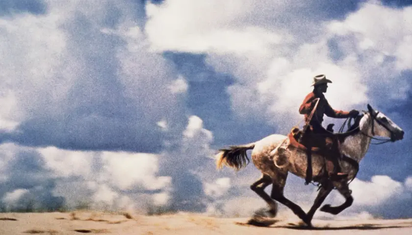 Un cowboy galoppa su un cavallo bianco sotto un cielo nuvoloso. Questa è la foto più costosa al mondo.