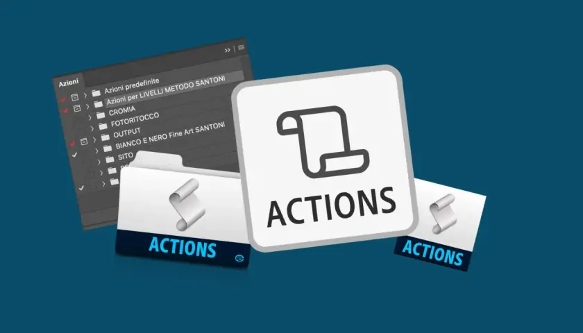 Pannello Azioni di Photoshop con diverse opzioni, tra cui "Azioni per LIVELLI METODO SANTONI", per automatizzare i comandi.