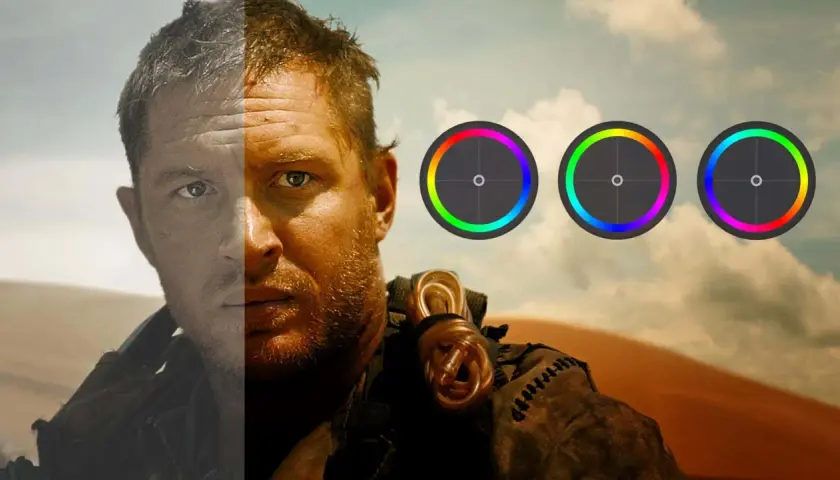 Volto diviso: a sinistra grigio, a destra caldo e vibrante. Tre cerchi colorati indicano la color grading fotografia.