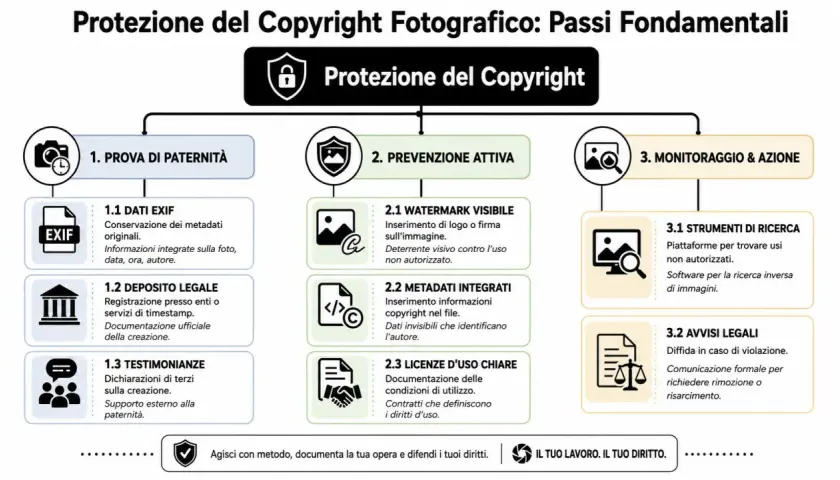 Schema sulla protezione del copyright fotografico: prova di paternità (con dati EXIF), prevenzione attiva e monitoraggio.