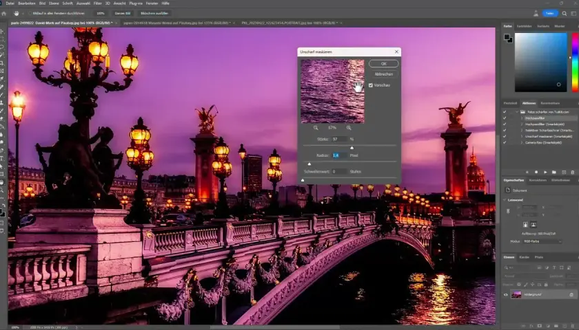 Immagine di Parigi con luci e ponte, con una finestra di dialogo "Unscharf maskieren" aperta per regolare la maschera di contrasto photoshop.