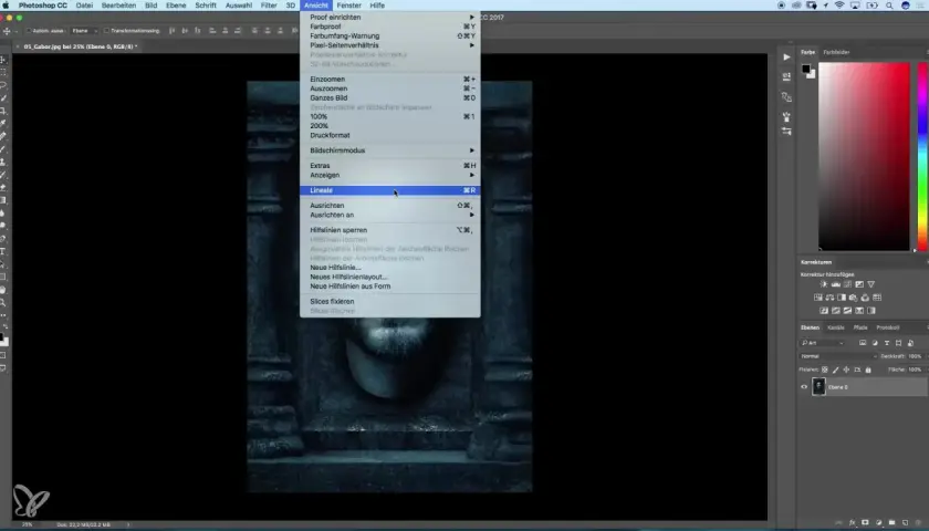 Menu "Visualizza" in Photoshop CC, con "Lineale" evidenziato, pronto per creare un progetto in formato a4 photoshop.