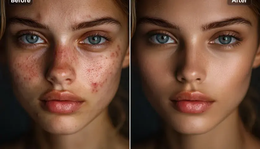 Prima e dopo: un ritocco per eliminare imperfezioni foto, rendendo la pelle liscia e luminosa.