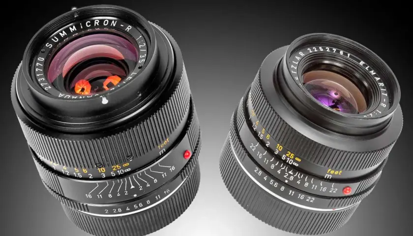 Due obiettivi Leitz Leica Summicron-R e Elmarit-R, con dettagli delle ghiere di messa a fuoco e diaframma.