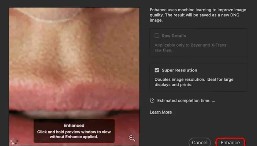 Anteprima miglioramento con photoshop super resolution. L'opzione "Super Resolution" è selezionata per raddoppiare la risoluzione dell'immagine.