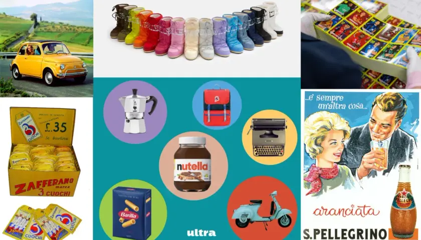 Un collage di foto iconiche italiane: Fiat 500, stivali colorati, moka, Nutella, Vespa, macchine da scrivere, figurine, pasta Barilla e S.Pellegrino.