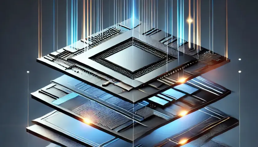 Strati di un sensore BSI, con linee luminose che attraversano la struttura, simboleggiando il flusso di dati e l'innovazione tecnologica.