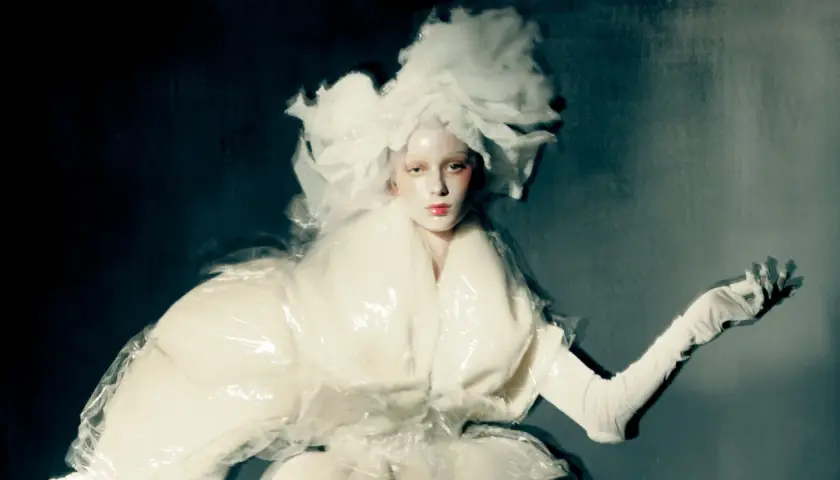 Volto pallido e capelli voluminosi in stile paolo roversi photography, con un abito bianco e trasparente.