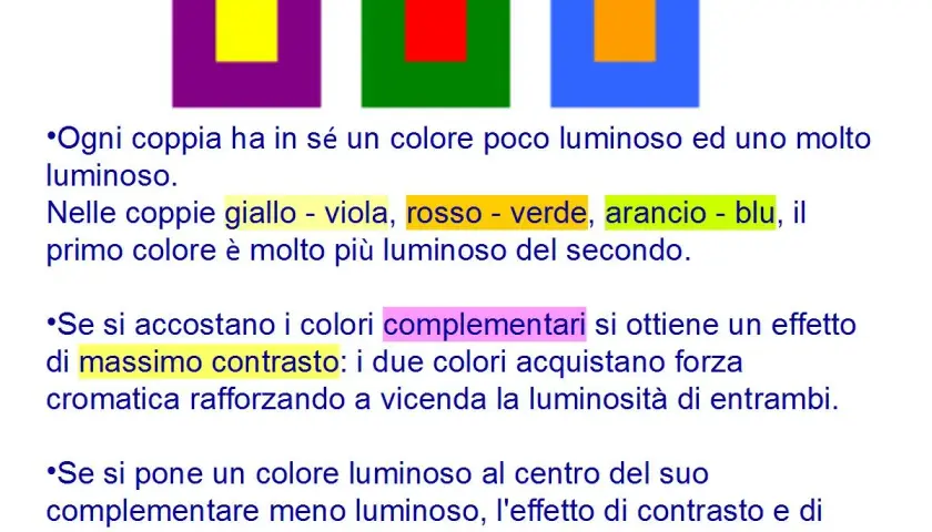Tre quadrati colorati: viola con giallo, verde con rosso, blu con arancio. Illustrano il concetto di colori complementari e contrasto.