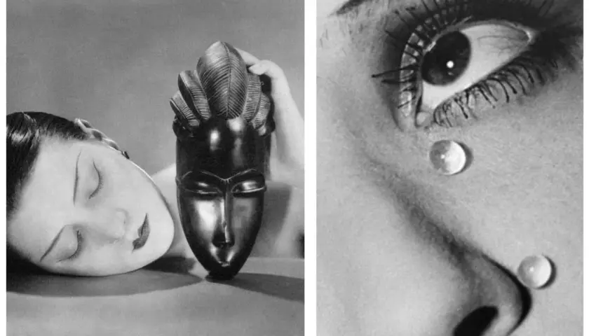 Due immagini in stile solarizzazione man ray: una donna con maschera africana, l'altra un occhio con gocce.
