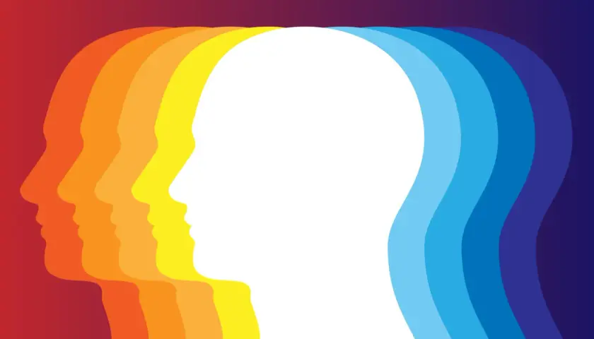 Sagome di profili umani in sequenza, dal rosso al blu, suggeriscono un'evoluzione o un cambiamento. I colori desaturati significato in questo contesto potrebbero rappresentare un percorso interiore.