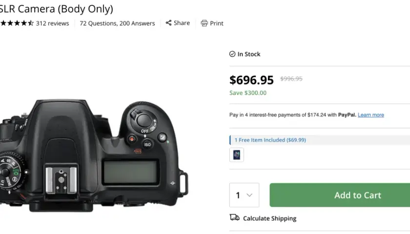 Nikon D7500 DSLR, vista dall'alto, con dettagli sui controlli e le nikon d7500 caratteristiche. Prezzo scontato.