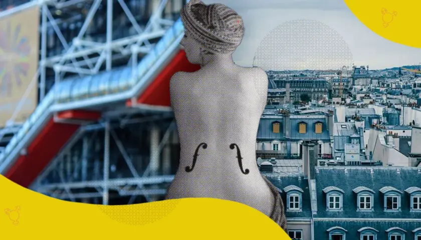 La schiena di una figura stilizzata, con le curve di un violino di Ingres, si staglia su uno sfondo parigino.