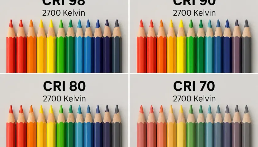 Confronto del colore luce led con matite colorate a 2700 Kelvin, mostrando come il CRI influenzi la resa cromatica.