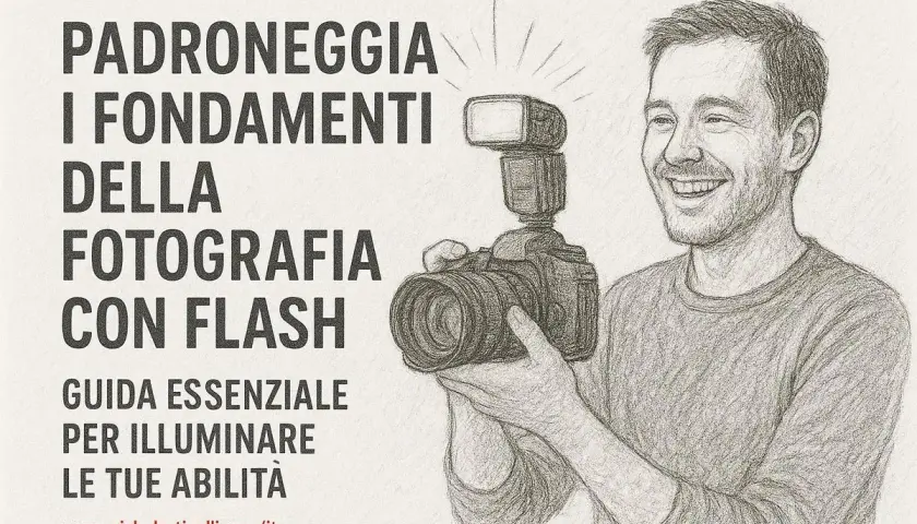 Guida essenziale per imparare come usare il flash in manuale. Un fotografo sorridente tiene una fotocamera con flash.