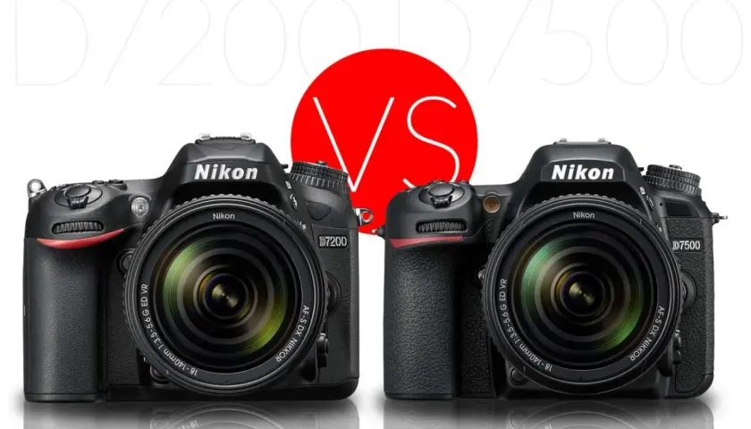 Due reflex Nikon D7200 e D7500 affiancate, con un grande cerchio rosso con "VS" al centro.