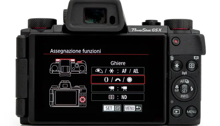 Retro della Canon PowerShot G5X con menu "Assegnazione funzioni" attivo, che mostra le opzioni per le ghiere.