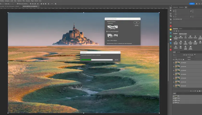 Software per focus stacking in azione: Photoshop fonde livelli per un'immagine nitida.