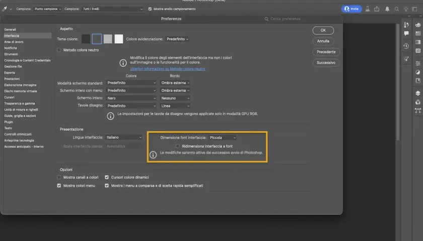 Preferenze di Photoshop: imposta la dimensione del font dell'interfaccia. Modificare testo già scritto è facile con queste opzioni.