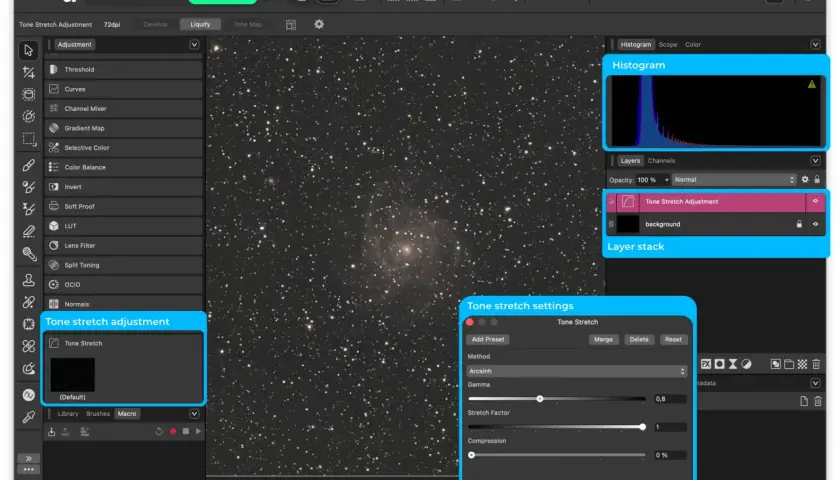 Interfaccia di Affinity Photo con strumento "Tone Stretch Adjustment" attivo, utile per una recensione dettagliata.