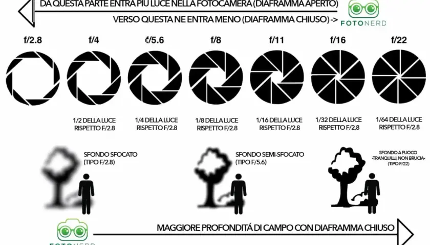Illustrazione sull'esposizione fotografica: diaframmi aperti (più luce, sfondo sfocato) e chiusi (meno luce, maggiore profondità di campo).