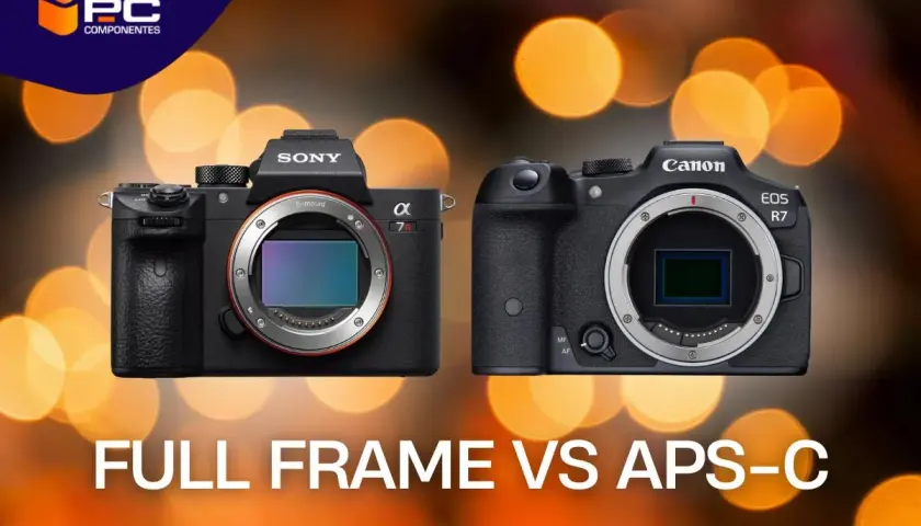 Confronto tra fotocamere Sony full frame e Canon APS-C, con sensori a vista e sfondo bokeh.
