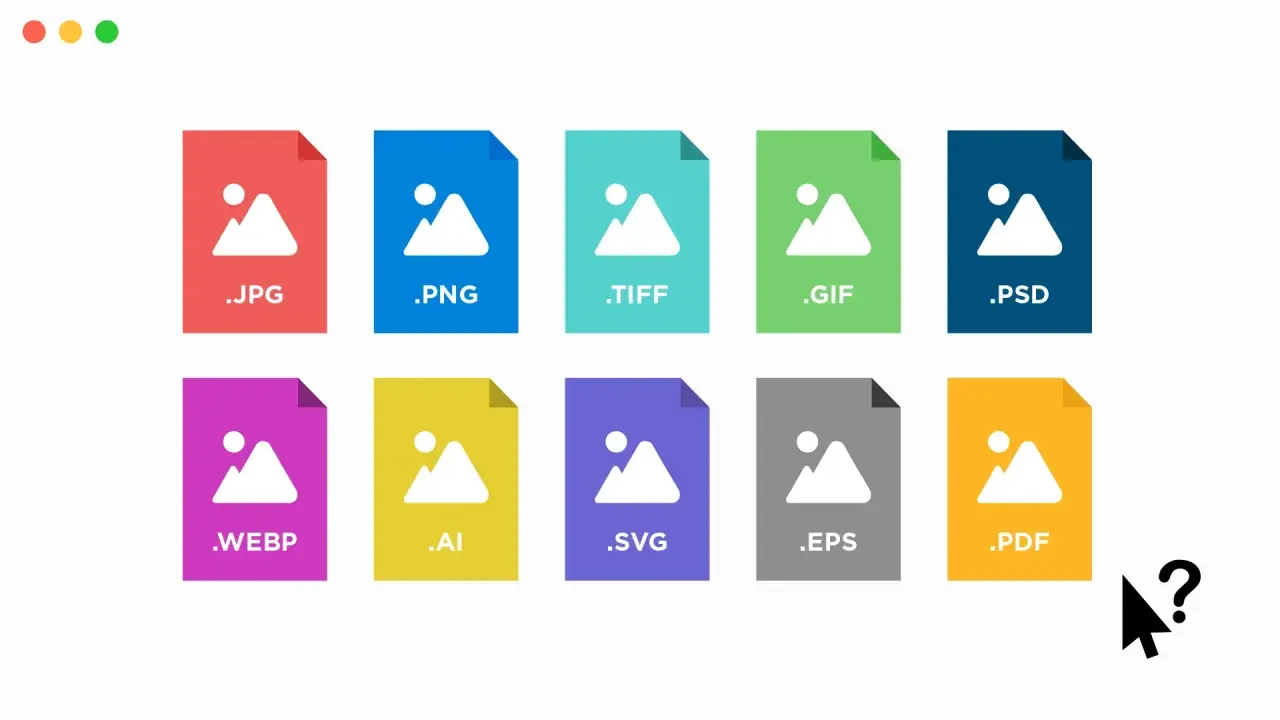 Icone di vari formati immagine: JPG, PNG, TIFF, GIF, PSD, WEBP, AI, SVG, EPS, PDF. Quale formato scegliere per il tuo progetto?