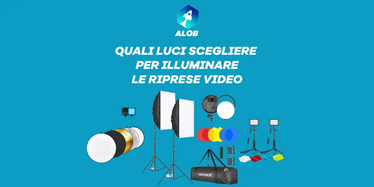 Attrezzatura per illuminazione video: softbox, ring light, pannelli LED, diffusori e filtri colorati. Comprendere la luminanza significato è fondamentale per ogni ripresa.