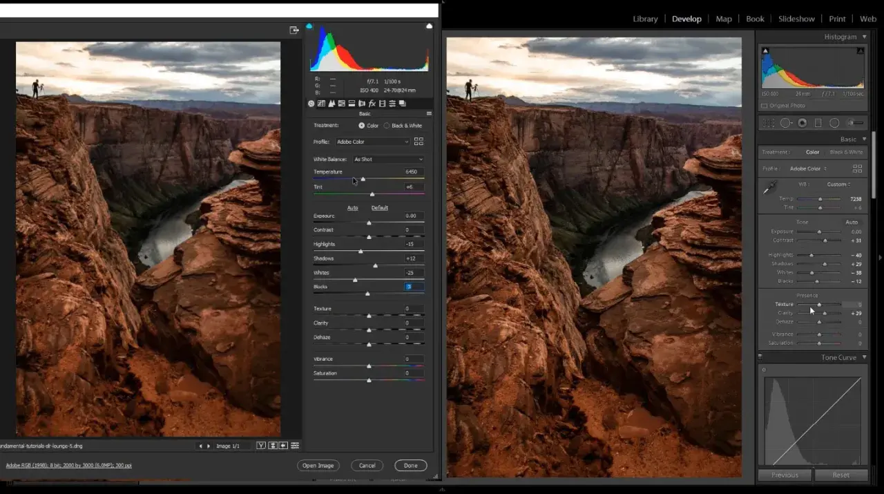 Confronto tra camera raw e Lightroom: editing di un paesaggio con slider per temperatura, esposizione e texture.
