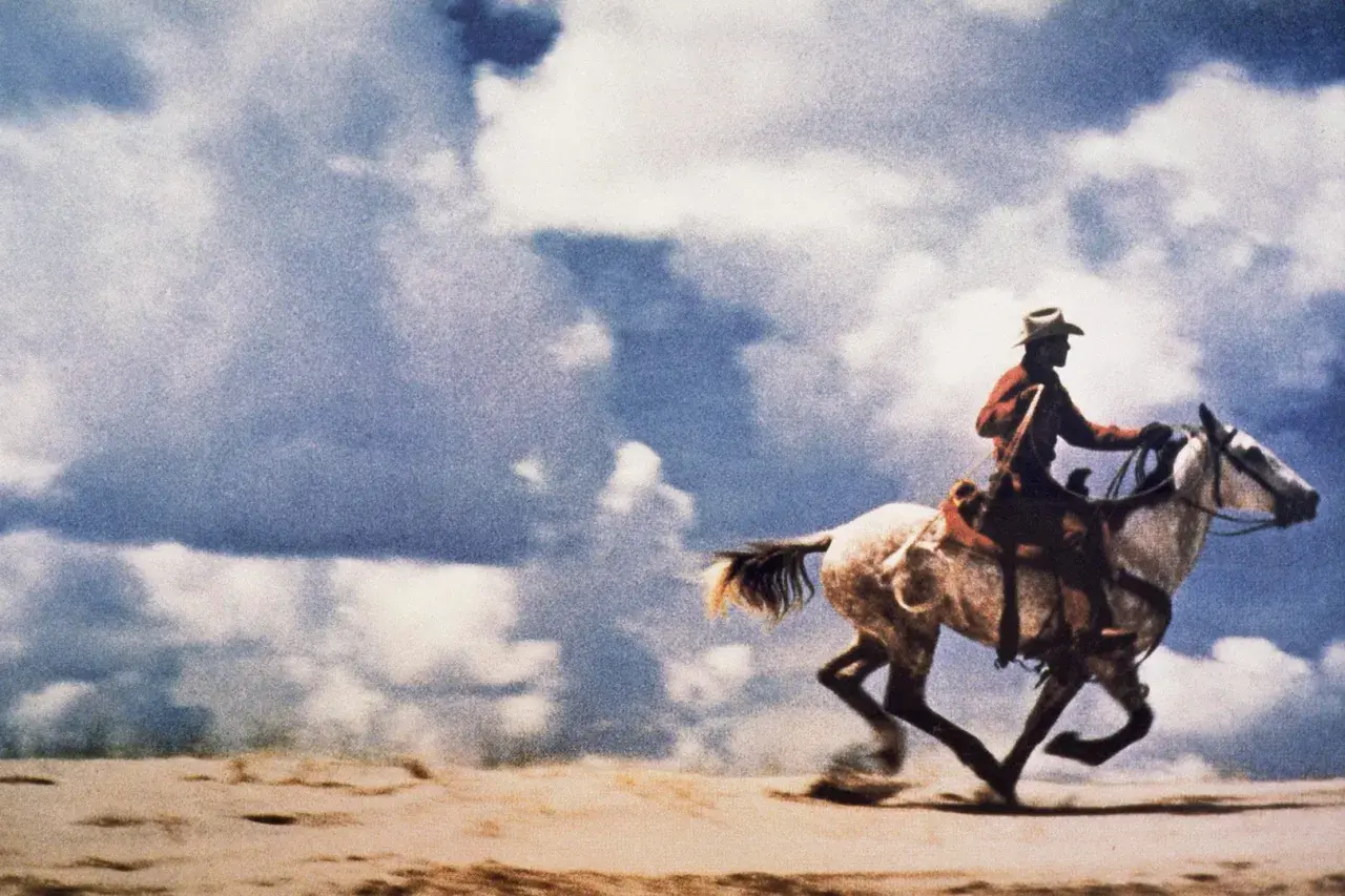 Un cowboy galoppa su un cavallo bianco sotto un cielo nuvoloso. Questa è la foto più costosa al mondo.