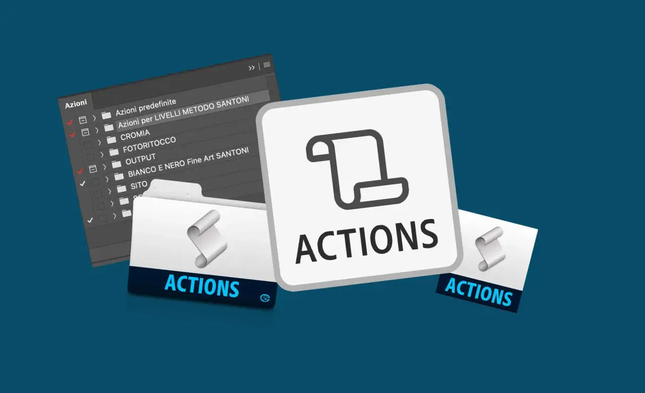 Pannello Azioni di Photoshop con diverse opzioni, tra cui "Azioni per LIVELLI METODO SANTONI", per automatizzare i comandi.