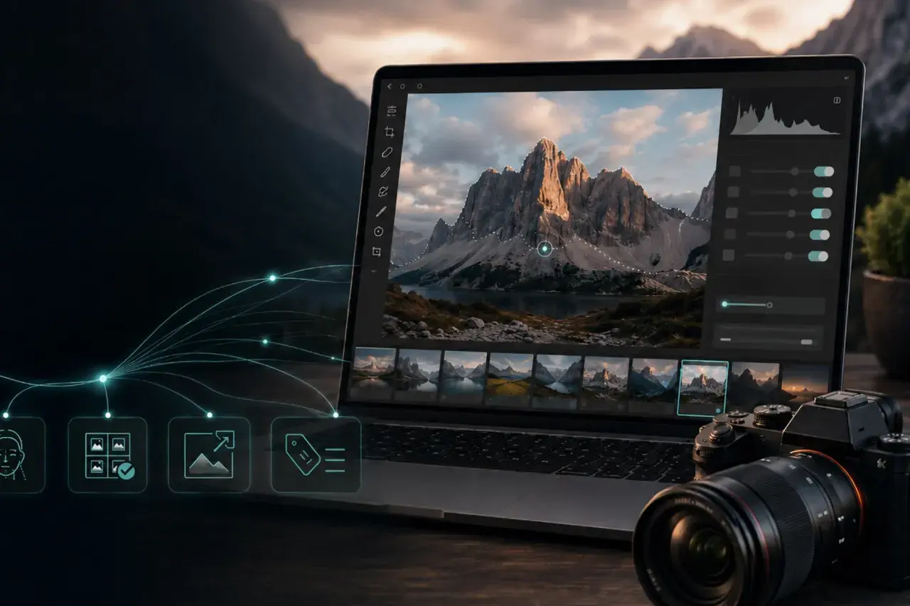 Un laptop mostra un paesaggio montano modificato, con icone che suggeriscono l'uso di intelligenza artificiale per immagini. Una fotocamera è accanto.