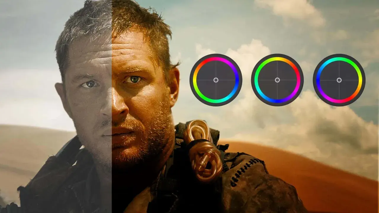 Volto diviso: a sinistra grigio, a destra caldo e vibrante. Tre cerchi colorati indicano la color grading fotografia.