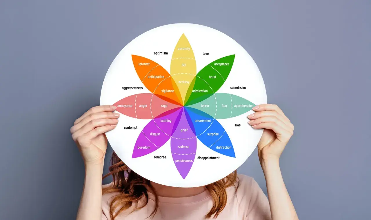 Ruota delle emozioni con colori che ne definiscono il cromaticamente significato: gioia, amore, rabbia, tristezza e altre sfumature.