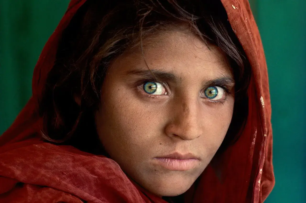 Occhi penetranti di una giovane ragazza afghana, immortalati da Steve McCurry, con un velo rosso e uno sfondo verde.