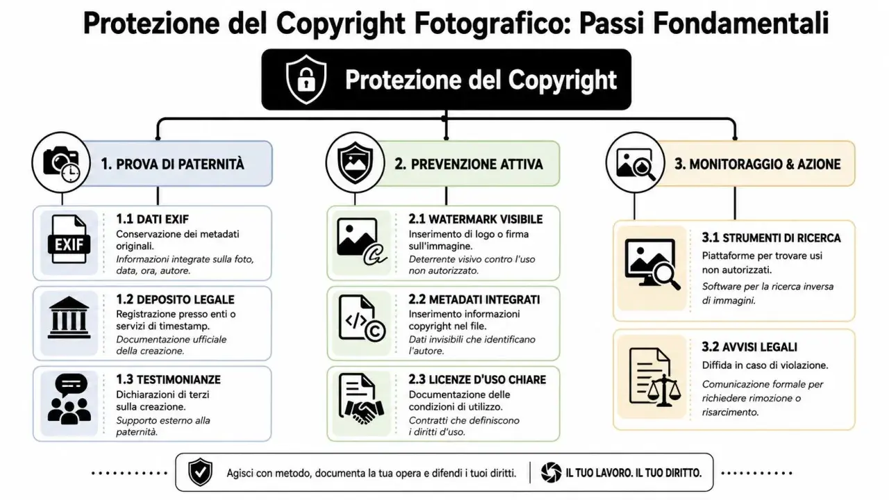 Schema sulla protezione del copyright fotografico: prova di paternità (con dati EXIF), prevenzione attiva e monitoraggio.
