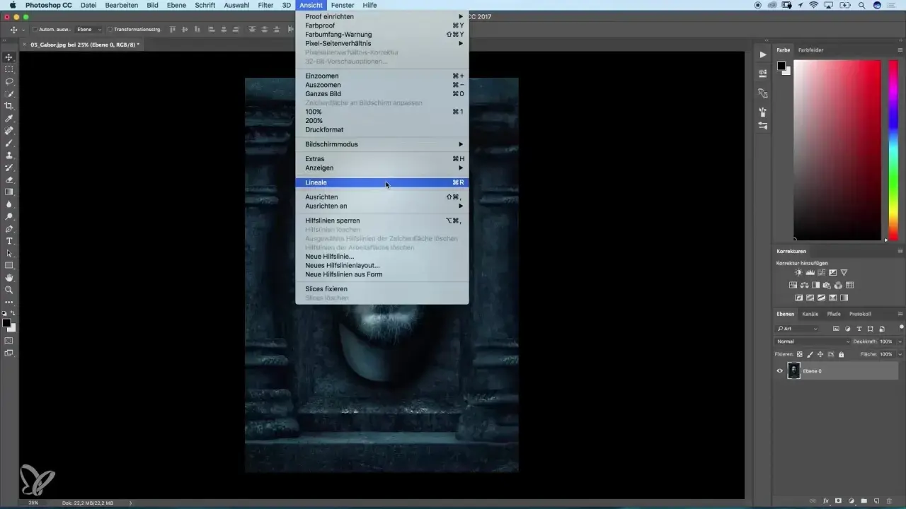 Menu "Visualizza" in Photoshop CC, con "Lineale" evidenziato, pronto per creare un progetto in formato a4 photoshop.