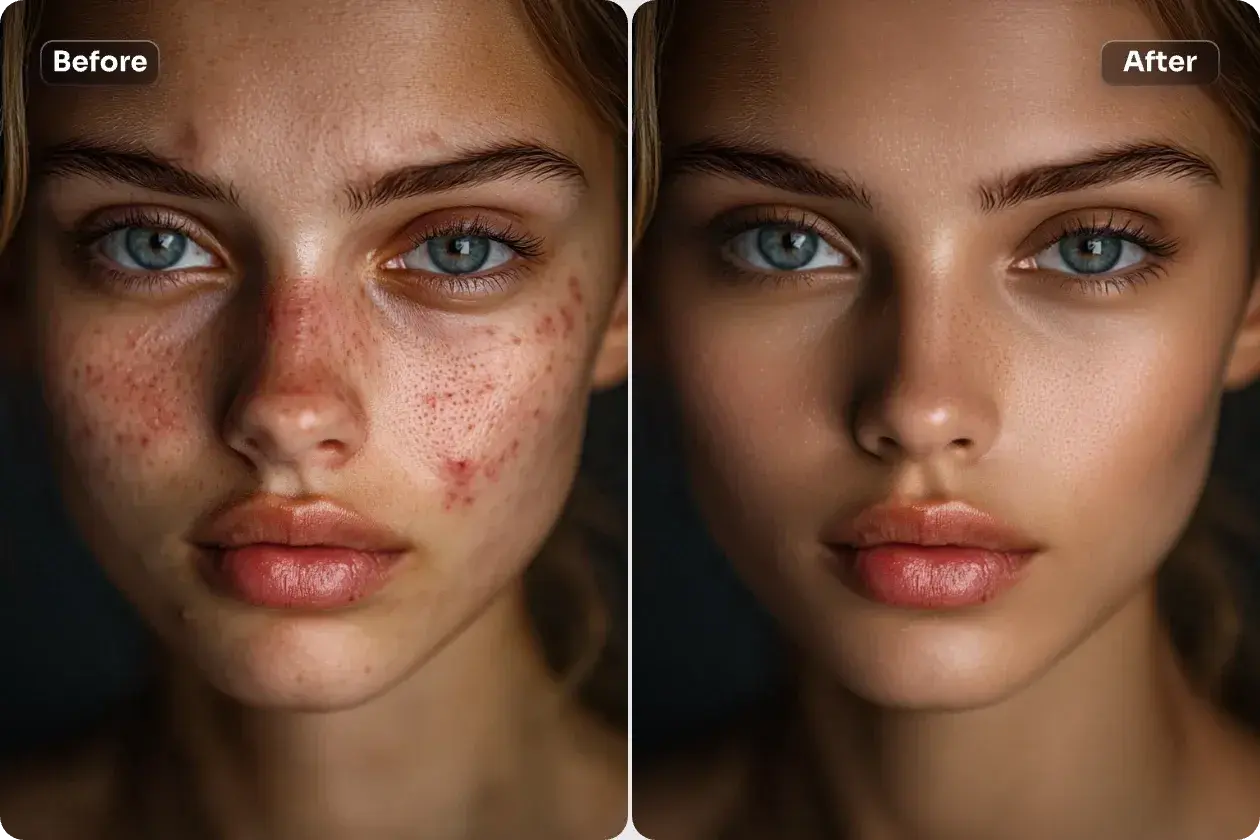 Prima e dopo: un ritocco per eliminare imperfezioni foto, rendendo la pelle liscia e luminosa.