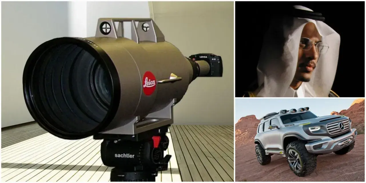 Obiettivo Leica, un uomo in abito tradizionale e un concept car Mercedes. Forse il Leica è l'obiettivo più costoso al mondo.