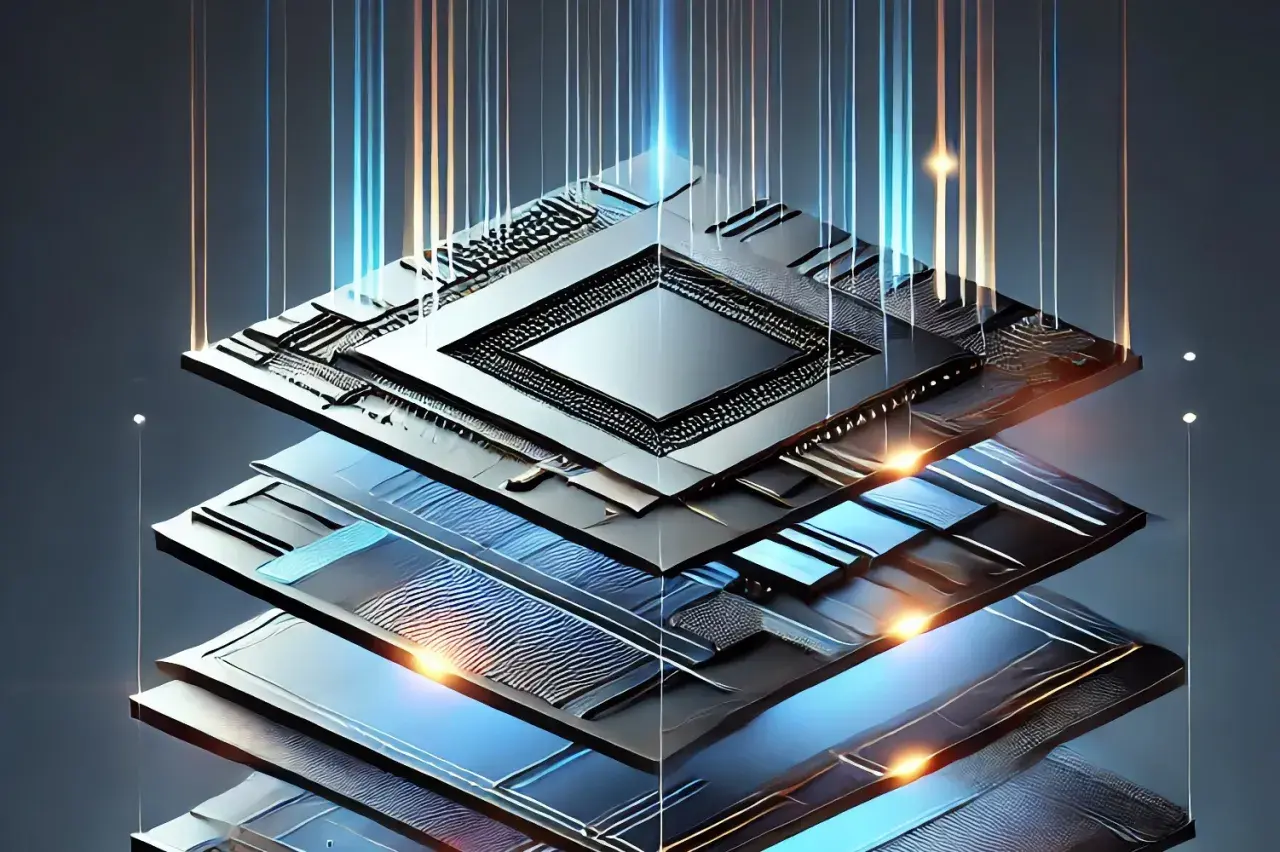 Strati di un sensore BSI, con linee luminose che attraversano la struttura, simboleggiando il flusso di dati e l'innovazione tecnologica.