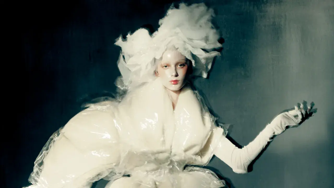 Volto pallido e capelli voluminosi in stile paolo roversi photography, con un abito bianco e trasparente.