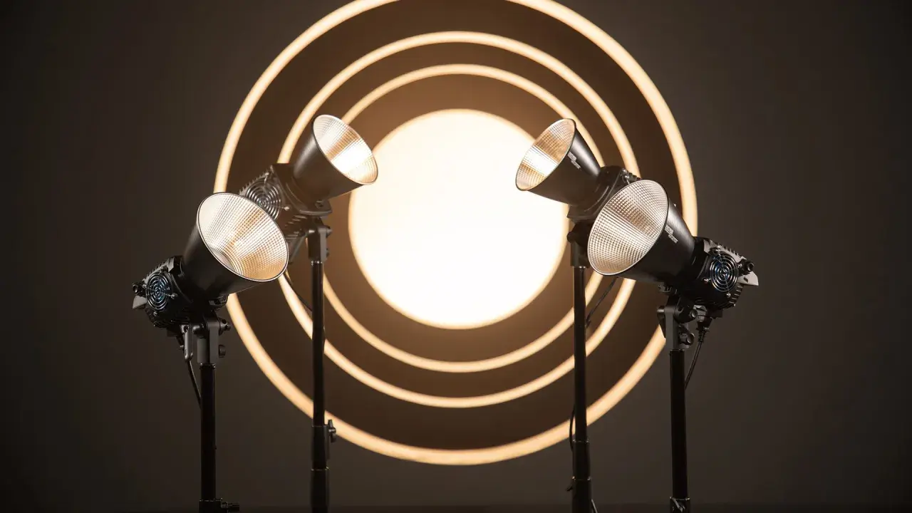 Due luci da studio creano un gioco di luce e ombra su uno sfondo con cerchi concentrici luminosi.